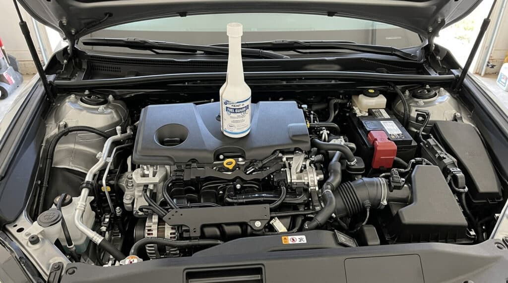 Problème avec Kent Fuel Guard 2 : que faire en cas de surdosage 2 Un flacon d'additif professionnel Kent Fuel Guard II posé sur le moteur propre d'une voiture.