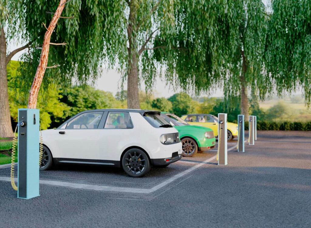 Alignement de stations de recharge rapide pour véhicules électriques dans le centre d'une ville écoresponsable.