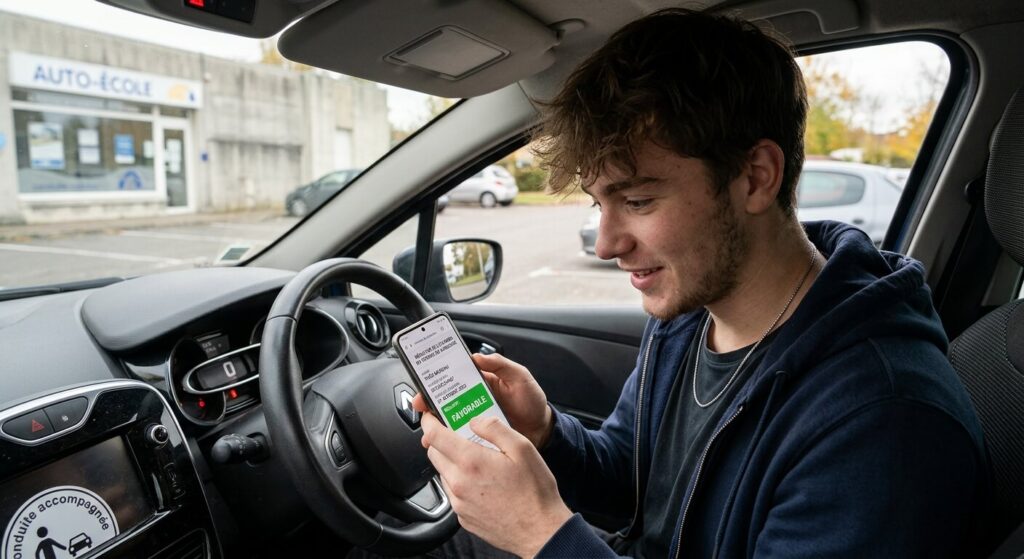 Un jeune conducteur lisant le résultat de son examen du permis de conduire sur son smartphone.