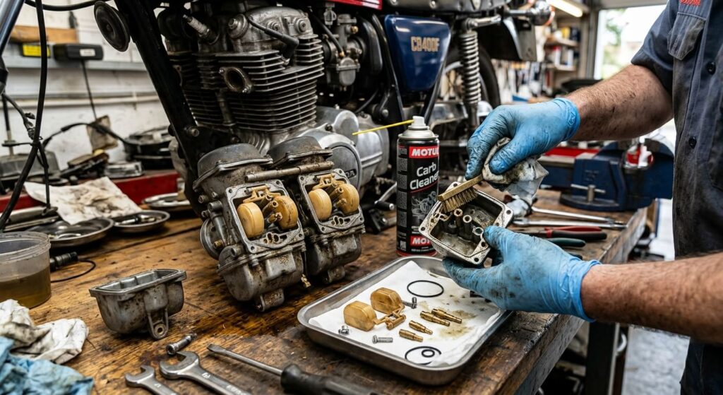 Démontage et nettoyage des cuves d'un carburateur de moto.