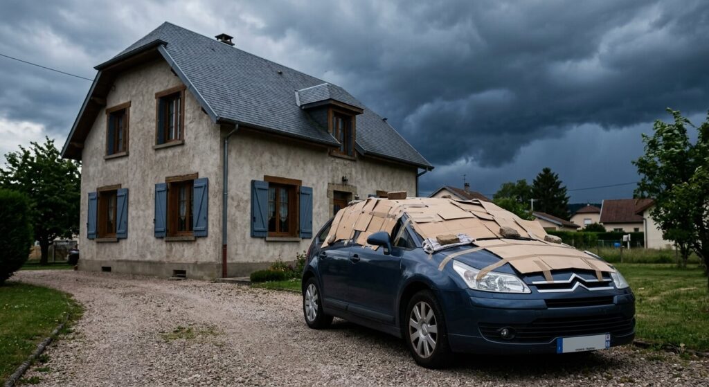 Une voiture recouverte de plaques de carton sur le toit et le capot avant un orage.