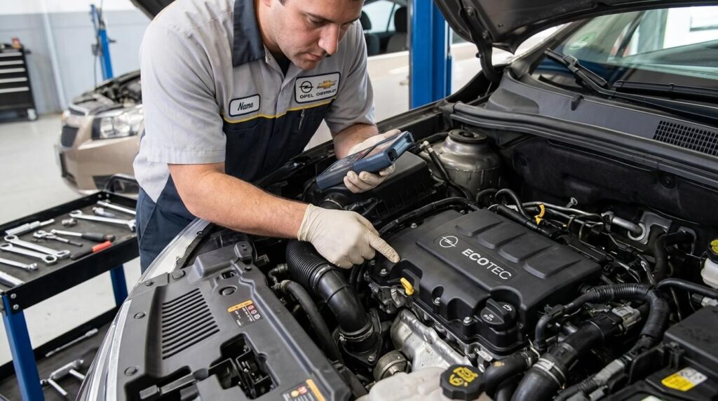 Code 89 sur Chevrolet Trax : signification et solutions 4 Un mécanicien inspectant le boîtier de thermostat d'un moteur essence d'origine Opel/Chevrolet.