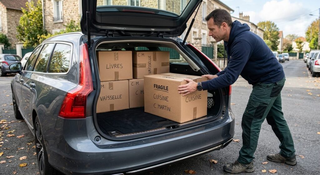 Voiture avec siège rabattable et plancher plat : les meilleurs modèles modulables 3 Une personne glissant de grands cartons de déménagement à l'horizontal dans le coffre d'un break.