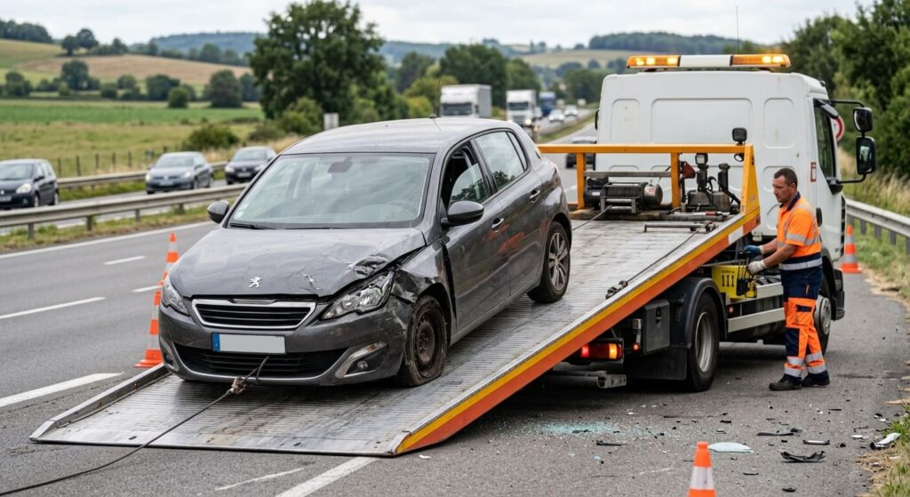 Faire appel à un épaviste : dans quels cas et pourquoi 2 Un camion de remorquage professionnel chargeant une voiture accidentée pour l'emmener vers un centre de destruction agréé.