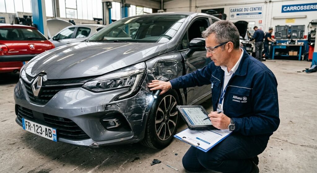 Abus de pouvoir d'un expert automobile : quels recours ? 2 Un expert en assurance analysant les dégâts de carrosserie sur une voiture après un accident.