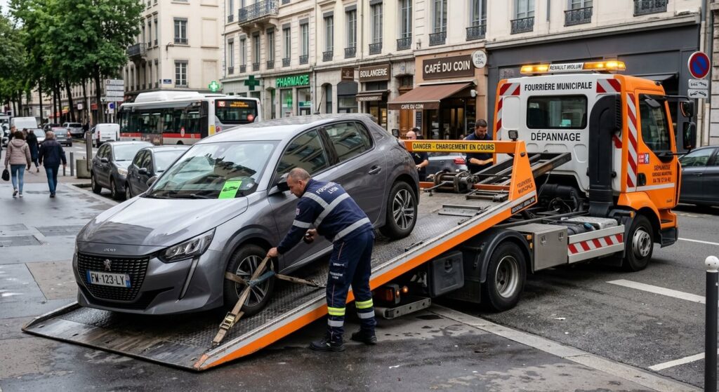 Sticker "Enlèvement demandé" sur une voiture : lois et démarches de retrait 3 Une dépanneuse de la fourrière municipale s'apprêtant à charger une voiture sur son plateau.