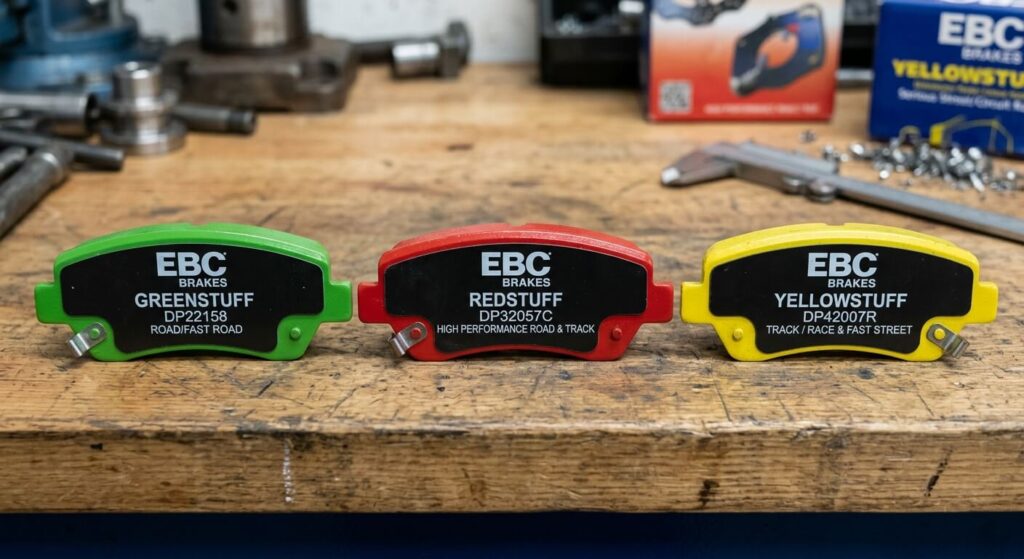 Comment choisir les gammes de plaquettes de frein EBC ? 3 Alignement des plaquettes de frein EBC de couleurs verte, rouge et jaune pour différents styles de conduite.