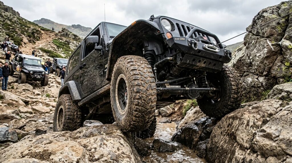 Une Jeep Wrangler JK équipée du moteur 2.8 CRD en franchissement tout-terrain.