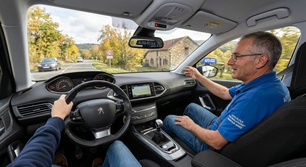 Une séance de perfectionnement à la conduite avec un moniteur d'auto-école.