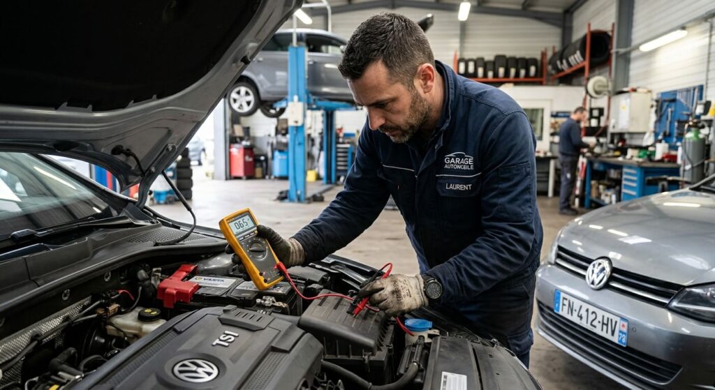 Un technicien mesurant l'intensité du courant sur la batterie d'une voiture avec un multimètre.
