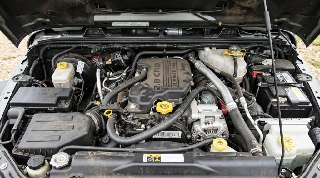 Vue du bloc moteur 4 cylindres turbo diesel 2.8 CRD sous le capot.