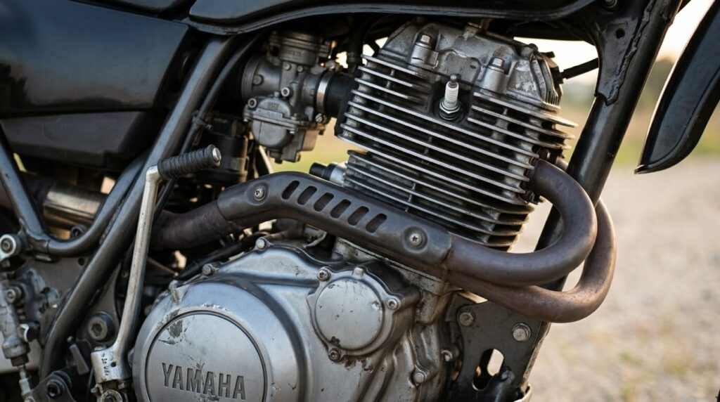 Gros plan sur le moteur monocylindre à refroidissement par air de la XT 600.