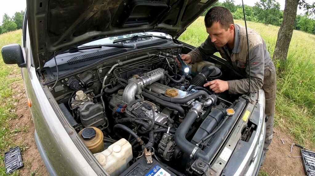 Inspection du bloc moteur 2.7 TDI sous le capot d'un véhicule tout-terrain.