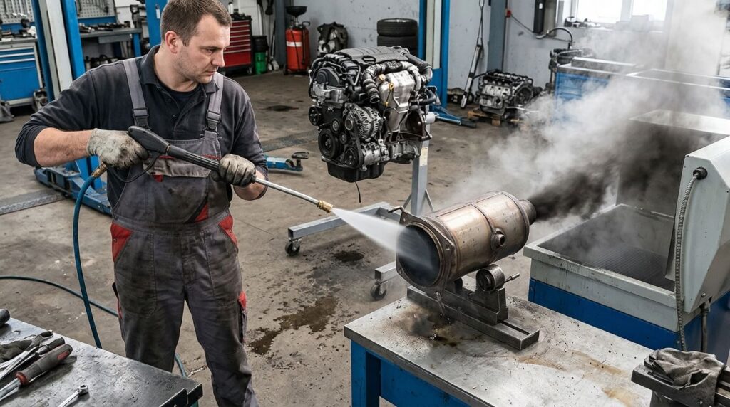 Un mécanicien procédant au nettoyage d'un filtre à particules démonté d'un moteur HDi.