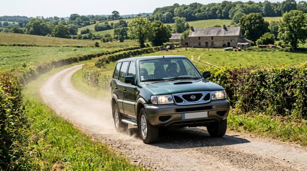 Un Nissan Terrano II 2.7 TDI vert roulant sur un chemin de campagne.