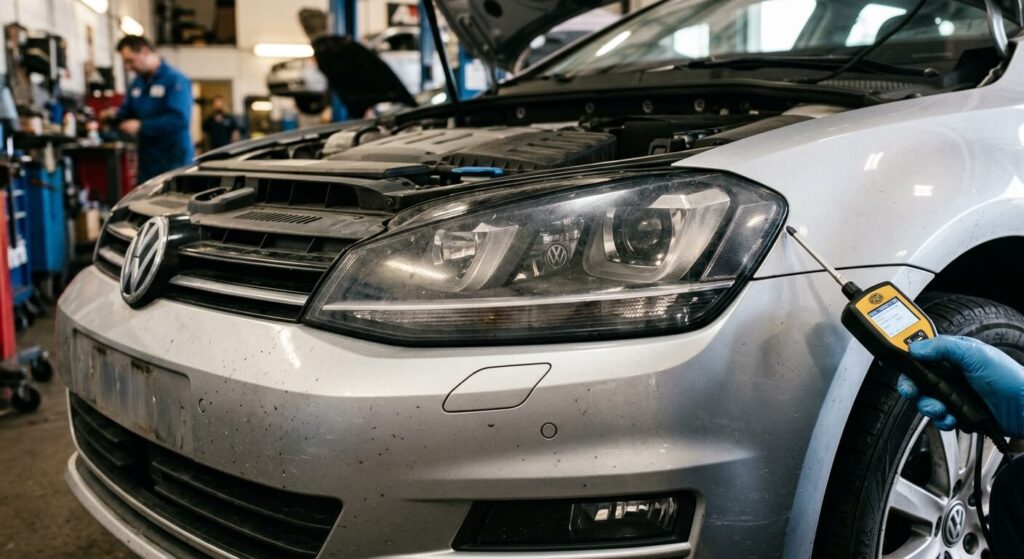 Gros plan sur le phare avant éteint d'une Volkswagen Golf nécessitant un diagnostic d'éclairage.
