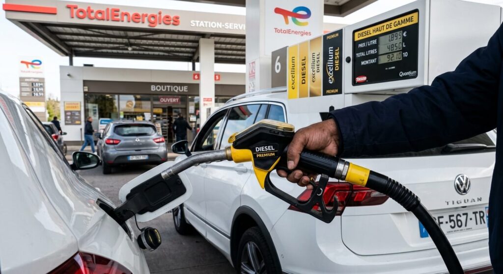 Diesel Excellium sur un vieux moteur : compatible ou risqué ? 2 Une main saisissant un pistolet de carburant diesel haut de gamme dans une station-service.