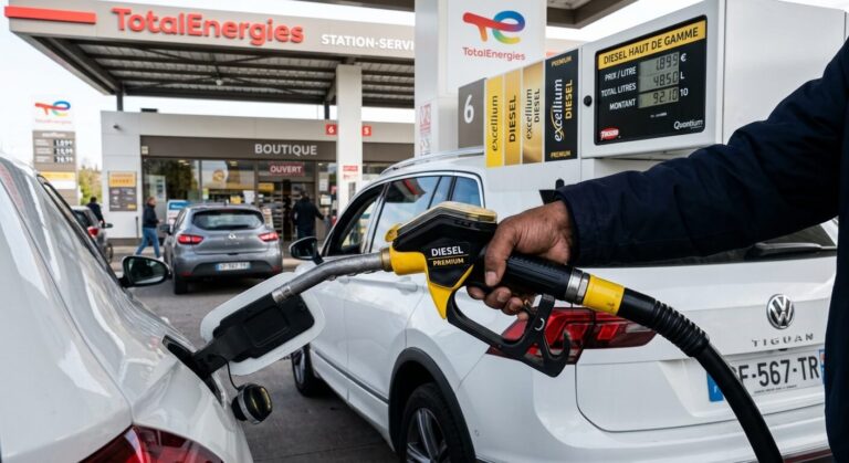Accueil 2 Une main saisissant un pistolet de carburant diesel haut de gamme dans une station-service.