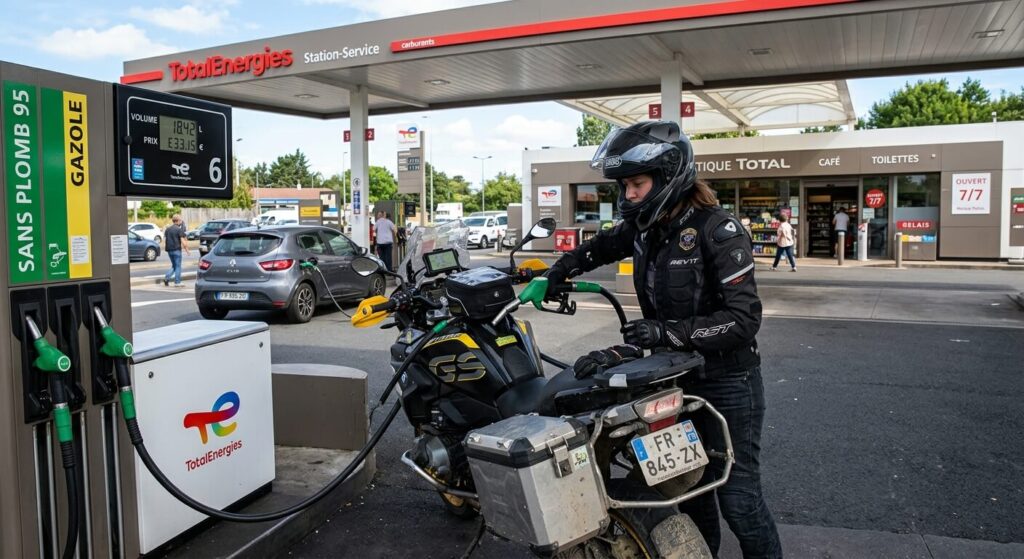 Un motard faisant le plein de réservoir de sa moto à la station-service.