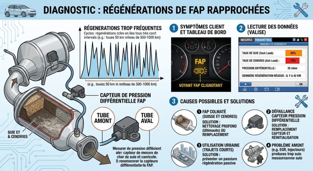 Diagnostic d'un véhicule effectuant des régénérations de FAP rapprochées.