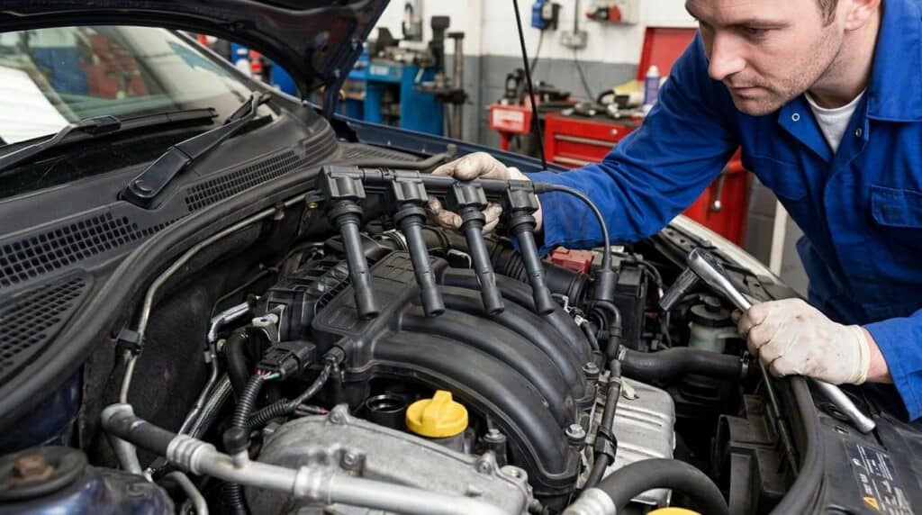 Voyant moteur allumé sur Clio 2 1.2 essence : causes et solutions 4 Un mécanicien démontant la rampe de bobine d'allumage sur un moteur essence 1.2 16v.