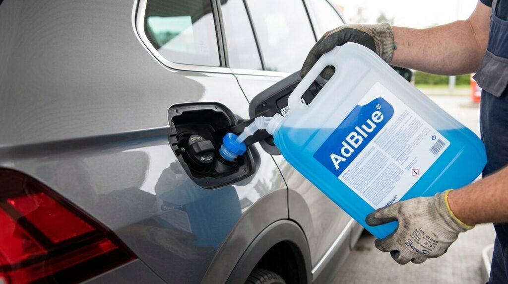 Une personne versant un bidon de liquide AdBlue dans le réservoir dédié à côté de la trappe à carburant.