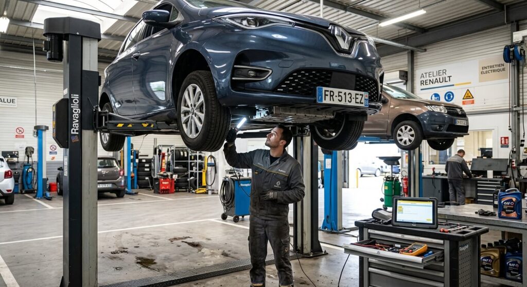 Une Renault Zoé sur un pont élévateur lors d'un contrôle d'entretien en atelier.