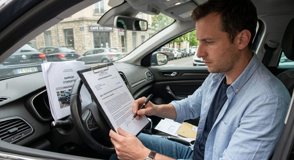 Abus de pouvoir d'un expert automobile : quels recours ? 4 Un automobiliste signant un courrier officiel pour contester un rapport d'expertise.