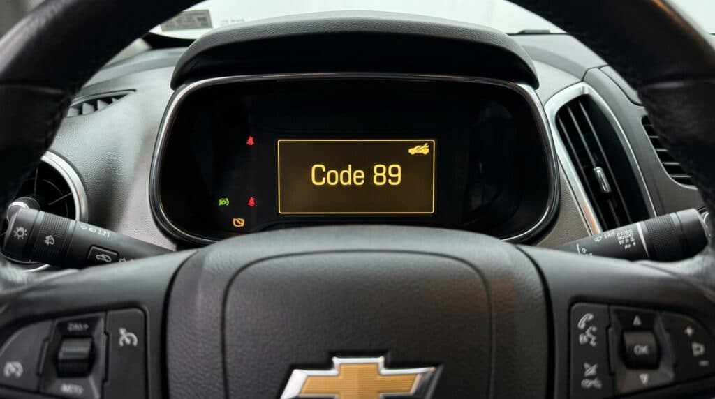 Code 89 sur Chevrolet Trax : signification et solutions 2 L'écran numérique du tableau de bord d'une Chevrolet Trax affichant le message Code 89.