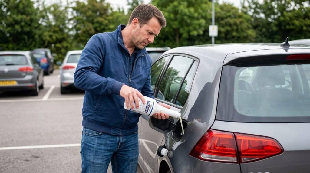 Problème avec Kent Fuel Guard 2 : que faire en cas de surdosage 3 Un conducteur versant un traitement de nettoyage directement dans la trappe à carburant de son véhicule.