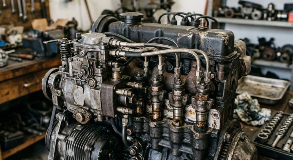 Diesel Excellium sur un vieux moteur : compatible ou risqué ? 3 Gros plan sur les injecteurs et la pompe à injection d'un ancien moteur diesel de voiture.