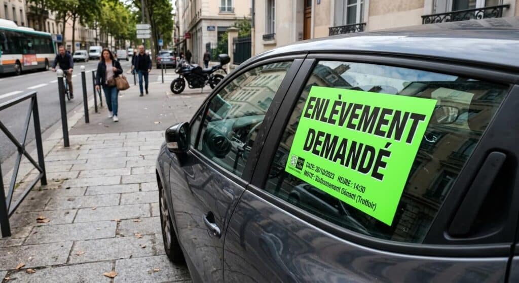 Sticker "Enlèvement demandé" sur une voiture : lois et démarches de retrait 2 Un grand autocollant vert fluo "Enlèvement demandé" collé sur la vitre latérale d'une voiture garée sur un trottoir.