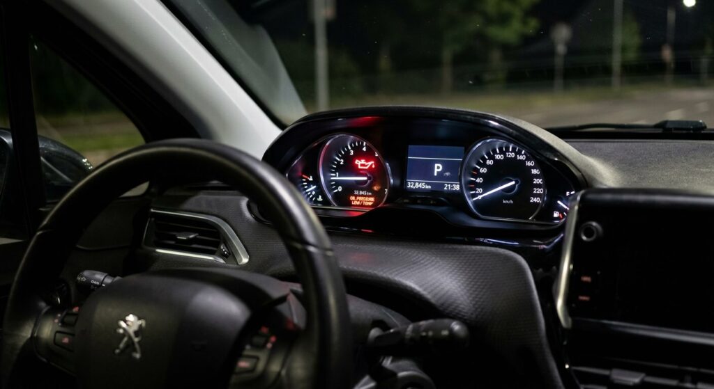 Défaut pression huile moteur "Arrêtez le véhicule" sur 208 : que faire ? 2 Le témoin lumineux rouge en forme de burette d'huile allumé sur le cadran d'une Peugeot 208.