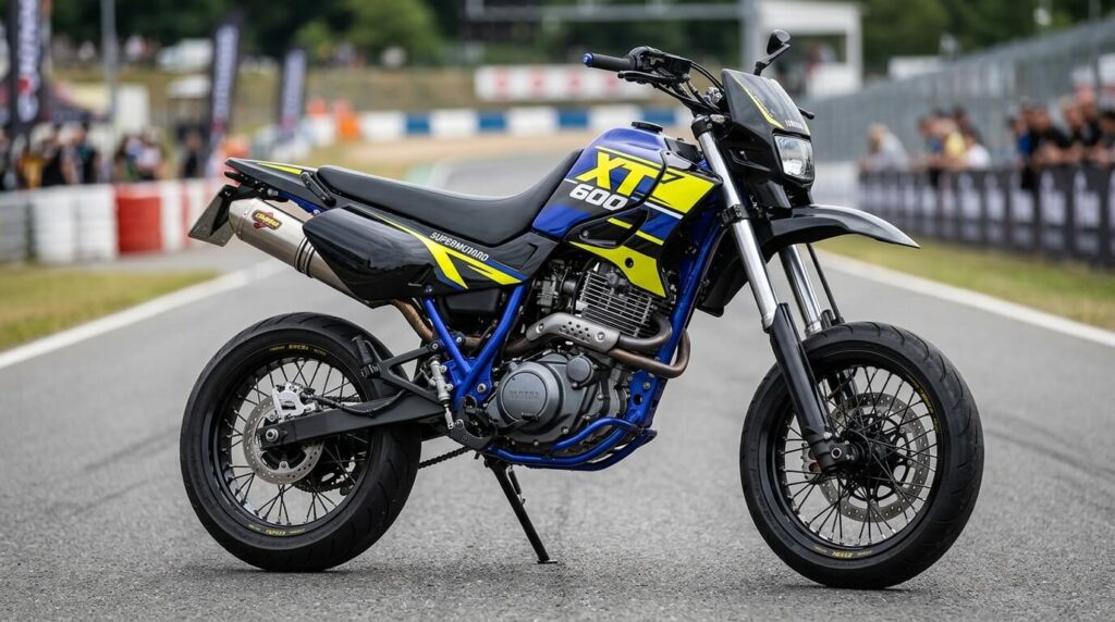 Une moto Yamaha XT 600 transformée en supermotard avec des jantes larges de 17 pouces.