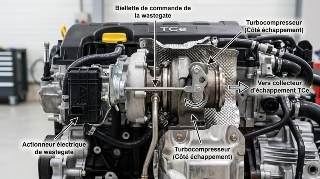 Biellette de commande de la wastegate sur le turbocompresseur d'un moteur TCe.