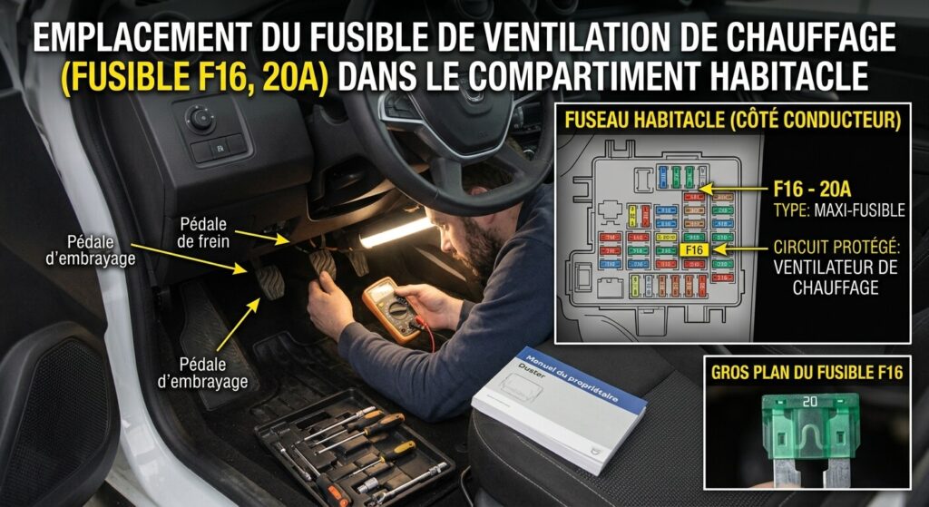 Emplacement du fusible de ventilation de chauffage sous la planche de bord du Duster.