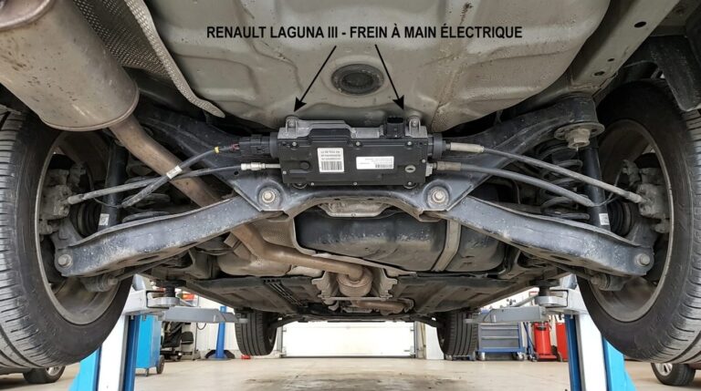 Boîtier de frein à main électrique sous le châssis arrière d'une Renault Laguna 3.