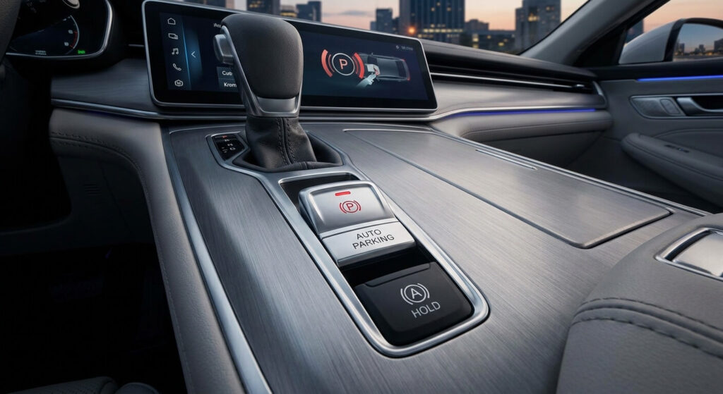 Commande de frein de parking automatique sur la console centrale d'une voiture.
