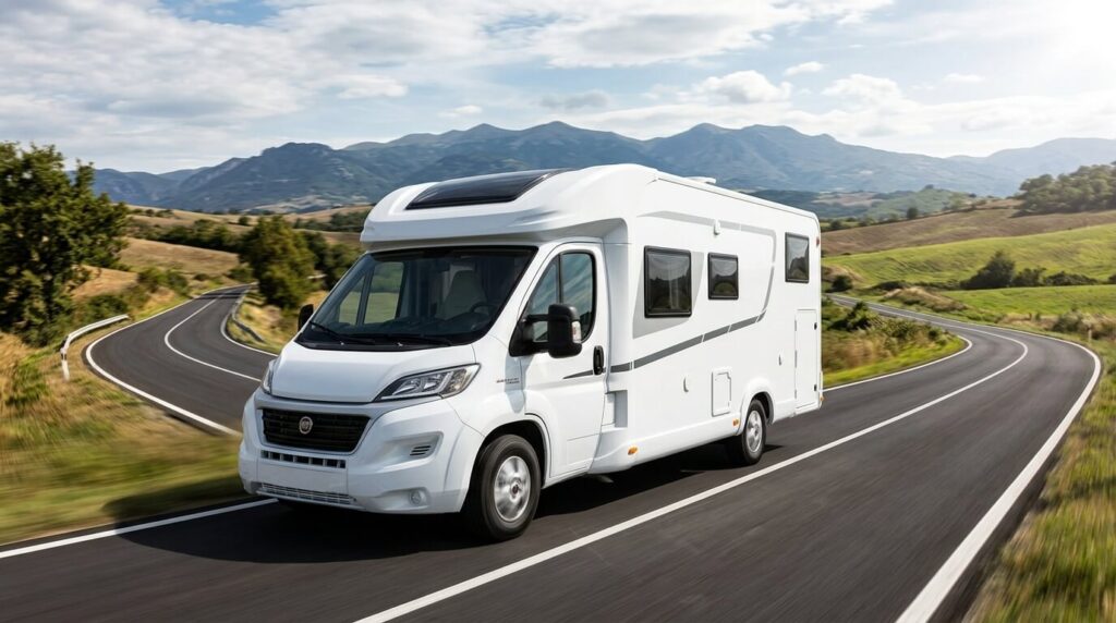Camping-car aménagé sur châssis Fiat Ducato 2.3 Multijet 130 sur la route.