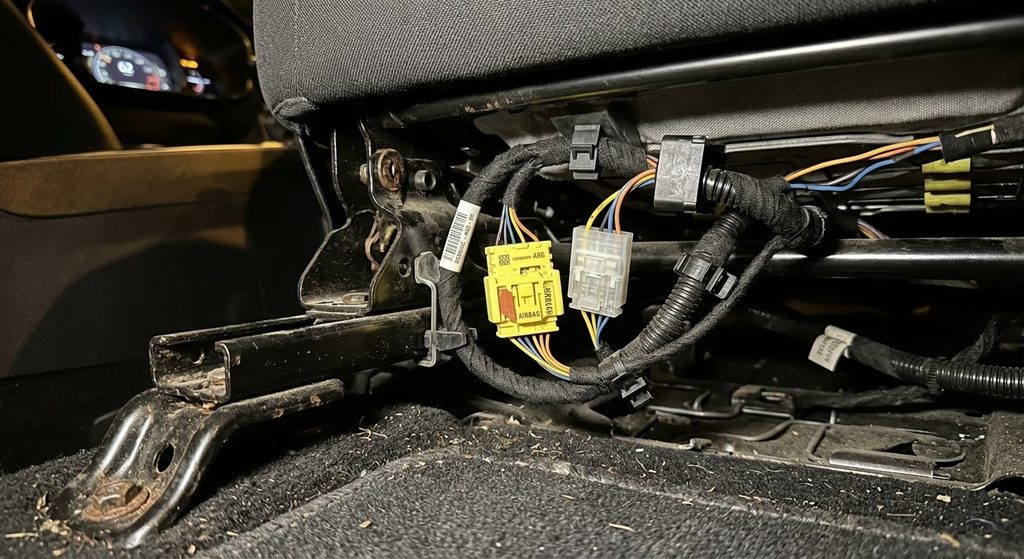 Prise et connecteur électrique d'airbag situés sous le siège conducteur d'une voiture.