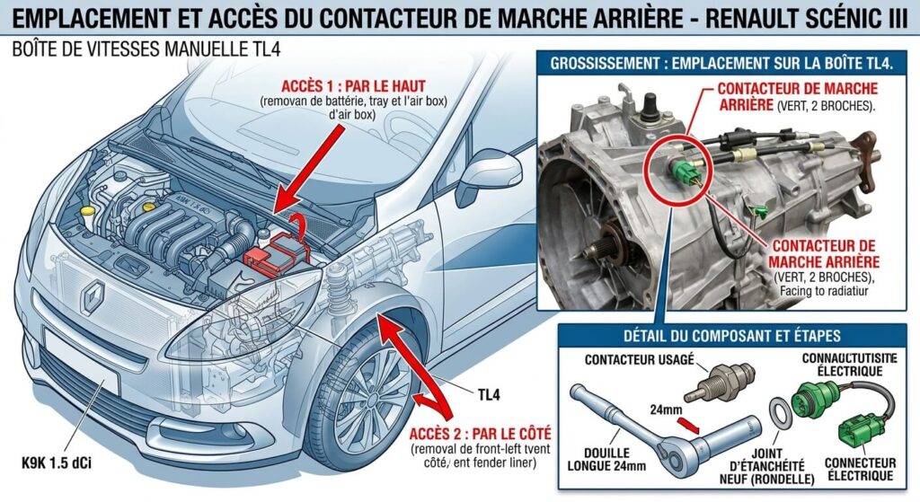 Emplacement du contacteur de marche arrière sur la boîte de vitesses d'un Scénic 3.