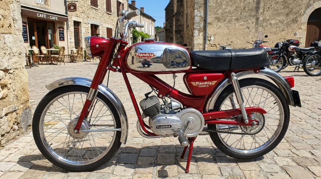 Cyclomoteur Flandria Comet 4 restauré d'origine avec réservoir chromé et moteur 4 vitesses.