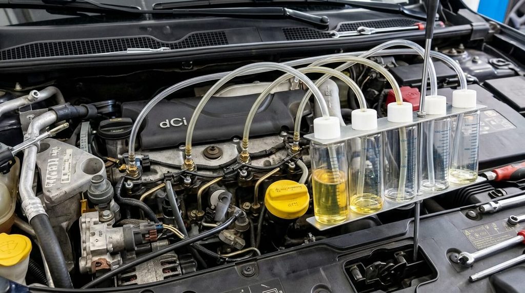 Contrôle du débit de retour des injecteurs diesel sur le moteur dCi d'une Mégane 3.