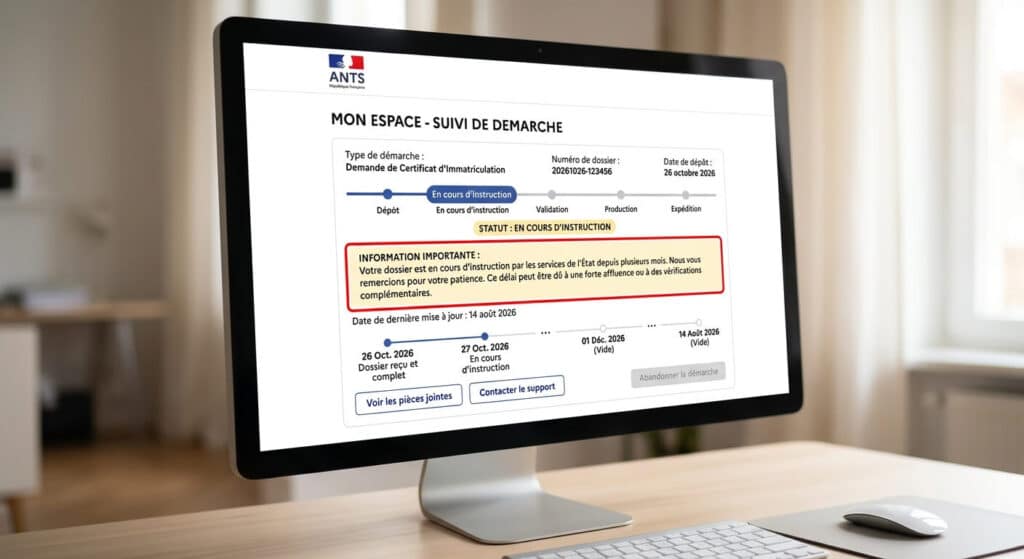 Toujours pas de carte grise après 4 mois : causes et recours ANTS 2 Écran de suivi ANTS affichant un dossier de carte grise en cours d'instruction depuis plusieurs mois.