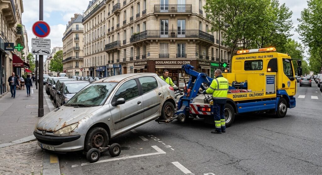 Dépanneuse de la fourrière procédant à l'enlèvement d'une épave garée abusivement.