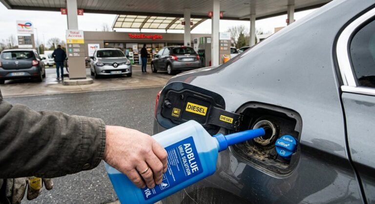 Flacon d'AdBlue inséré par erreur dans la trappe à carburant diesel d'un véhicule.