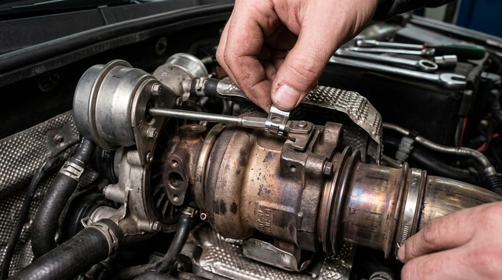 Pose d'une agrafe de rattrapage de jeu métallique sur la tige de wastegate de turbo.