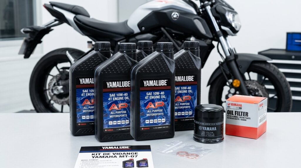 Kit de vidange avec bidons d'huile, filtre à huile et joint de vidange pour Yamaha MT-07.Kit de vidange avec bidons d'huile, filtre à huile et joint de vidange pour Yamaha MT-07.