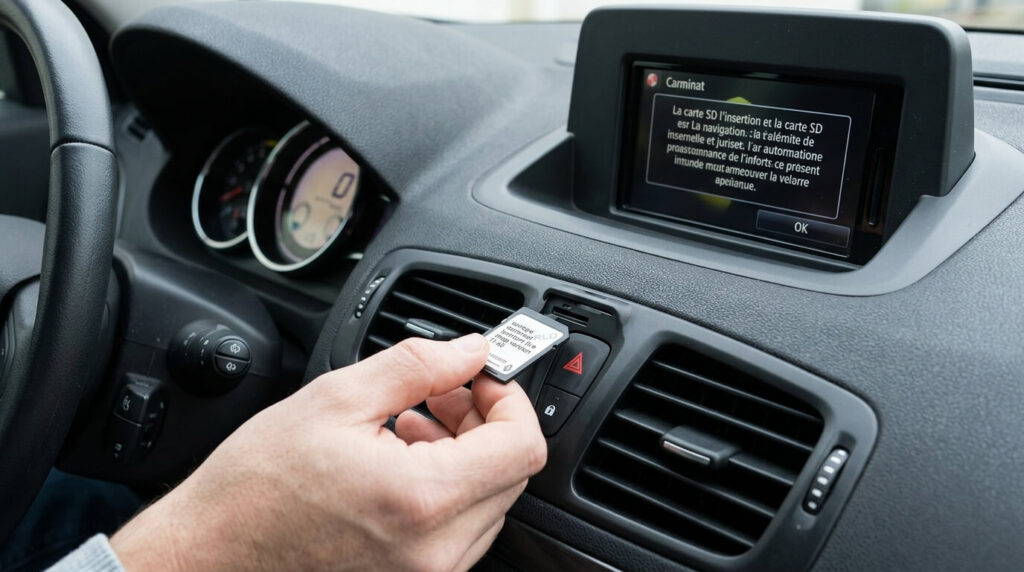 Insertion de la carte SD de navigation TomTom Carminat pour mise à jour informatique.