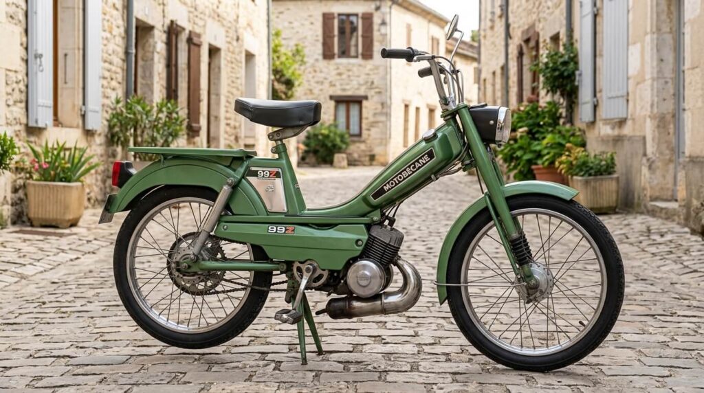 Motobécane 99Z : la mobylette au moteur contre-piston 2 Cyclomoteur Motobécane 99Z vert avec son gros cylindre spécifique.